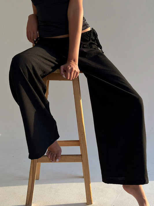 WIDE LEG LINEN PANTS -BLACK-