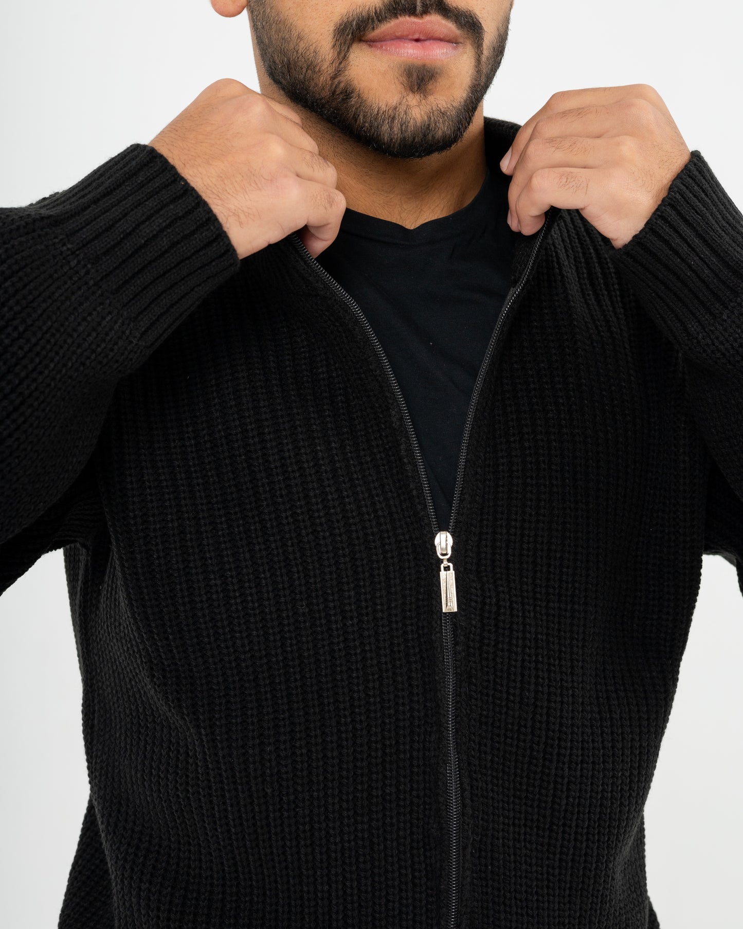 Men Black full zipper knitted jacket