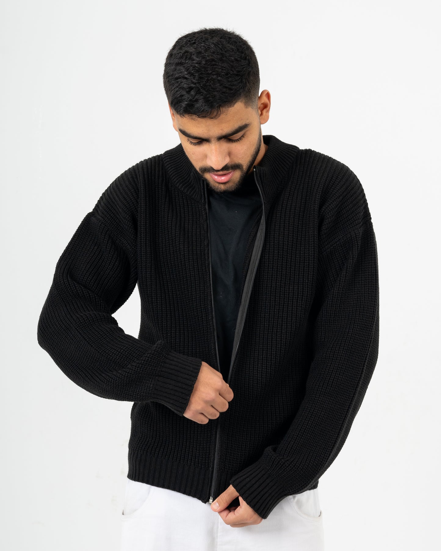 Men Black full zipper knitted jacket